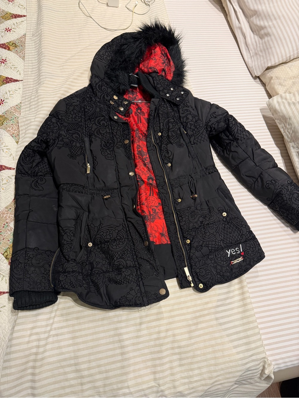 Desigual Black Quilted Puffer Jacket with Red Printed Lining
